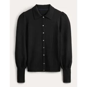 BODEN Preppy Merino Wool Puff Sleeve Collared Cardigan Size Large Black Academia